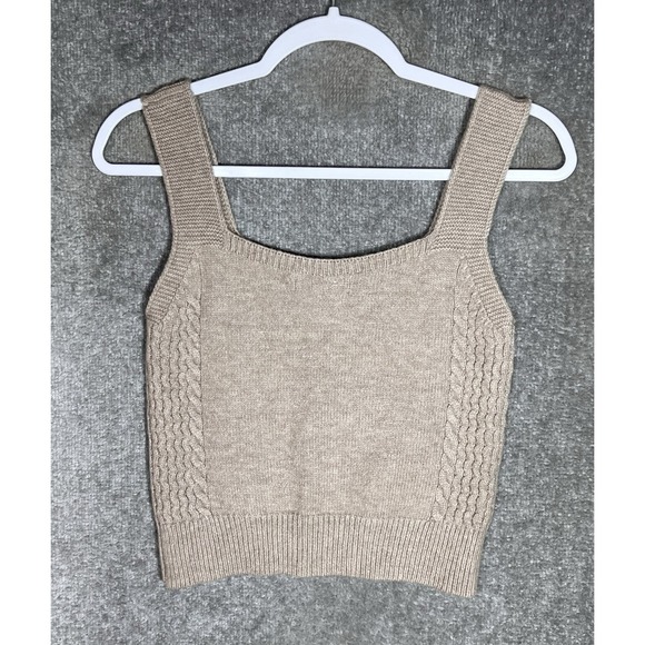 Cotton Emporium Cable Knit Cropped Tank Top Womens Size Medium Beige Ribbed Hem - Picture 2 of 5